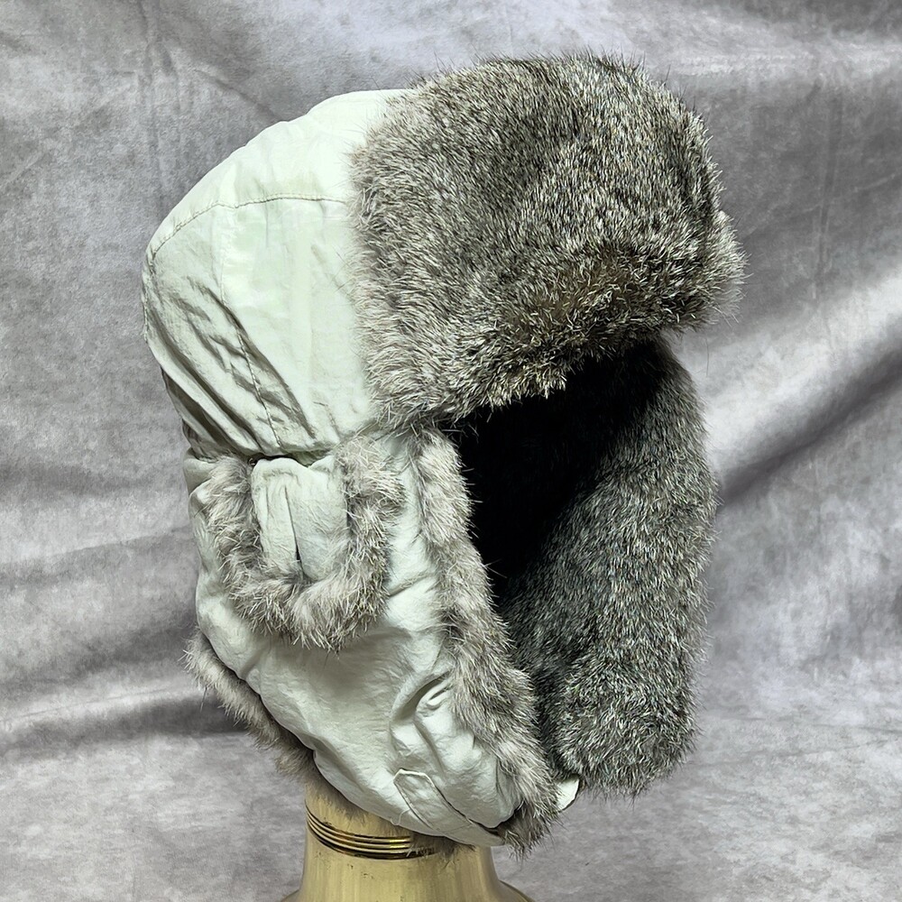 Vintage Mad Bomber Hat Mens Large Grey Nylon Trapper Rabbit Fur Aviator Snow